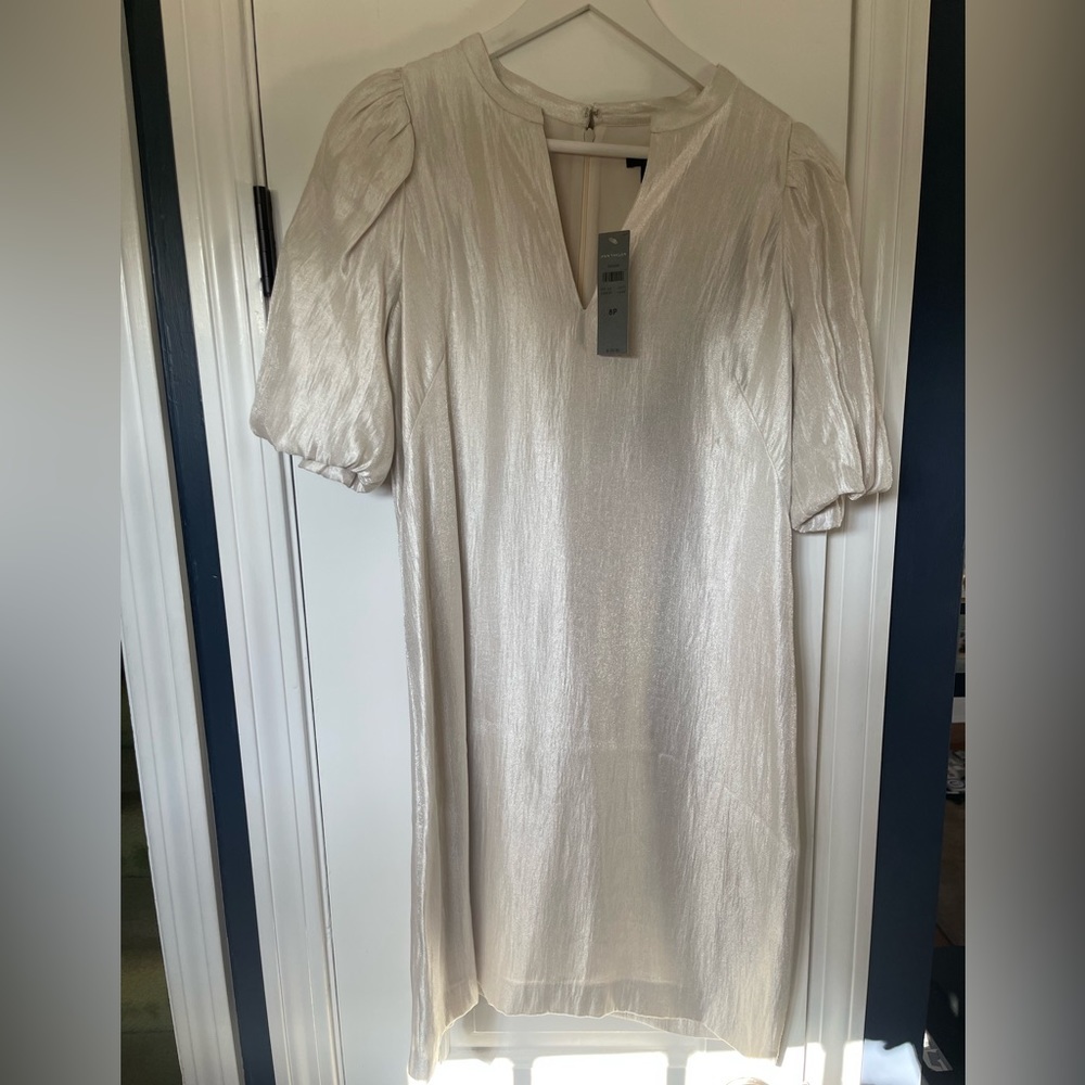 NWT Ann Taylor Metallic shimmer Puff Sleeve Dress size 8p Lined